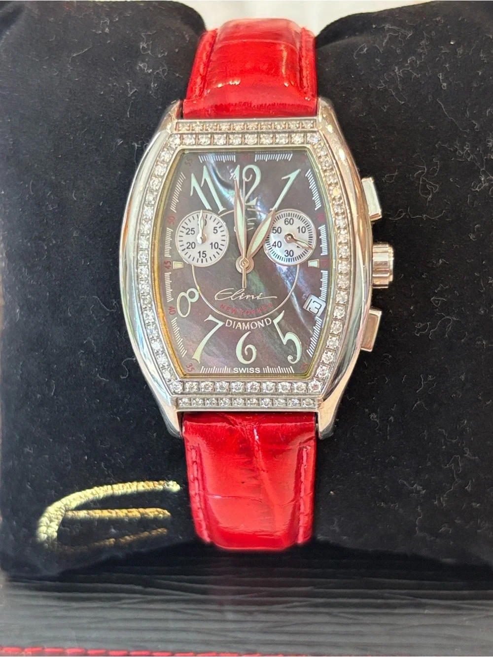 Vintage Elini New Yorker Diamond Swiss Watch Red Band MOP Chronograph DD-615